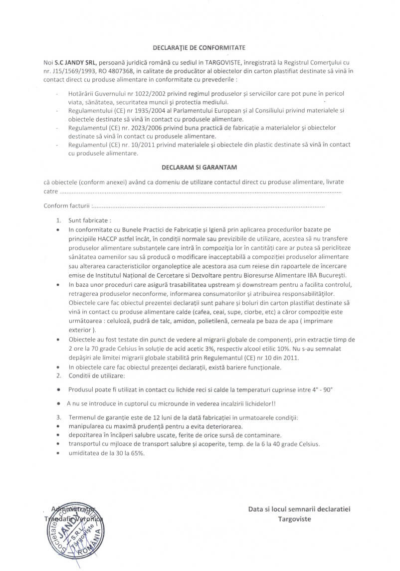 Declaratie de conformitate pahare